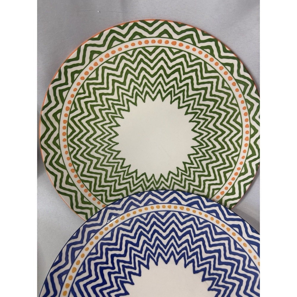 Set Of 6 Handmade Geometric Zig Zag Colorful Dinner Plates  10.25" - Picture 6 of 8